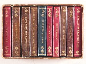 Miniature Series boxed set 10 finely bound miniature books. Oscar Wilde; Oliver Goldsmith; Thomas Gray; Edgar A. Poe; Rudyard Kipling; Omar Khayyam; John G. Whittier; Elizabeth B. Browning; Oliver Goldsmith; James R. Lowell. Thomas Y. Crowell Co. N.Y.1911