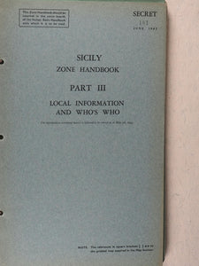 Sicily Zone Handbook. June, 1943. Box 99, Western Central District Office, New Oxford Street, W.C.1. >>Extremely rare, pre-invasion, secret, publication.<<