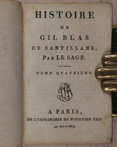 Le Sage, Alain René. Histoire de Gil Blas de Santillane. Fournier Fils. Rue des Rats. No. 3, près celle Galande. Paris 1804.