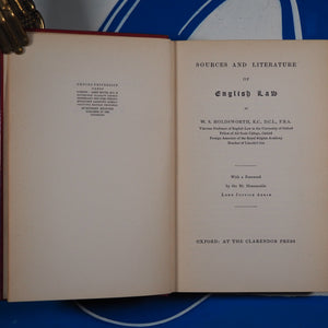 Sources and Literature of English Law. With a Foreword by the Rt. Honorable Lord Justice Atkin. Holdsworth, WS: Published by Clarendon Press, Oxford ,, 1925 Hardcover